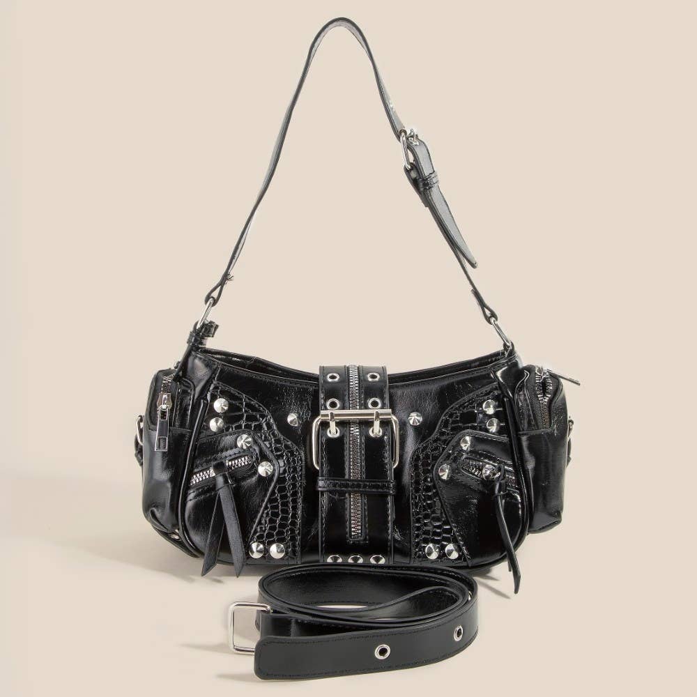 Rivet Detail Leather Shoulder Bag: SKA