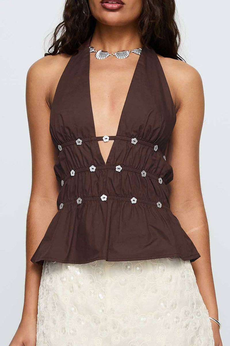 Embellished V-Neck Halter Peplum Top: BROWN / M