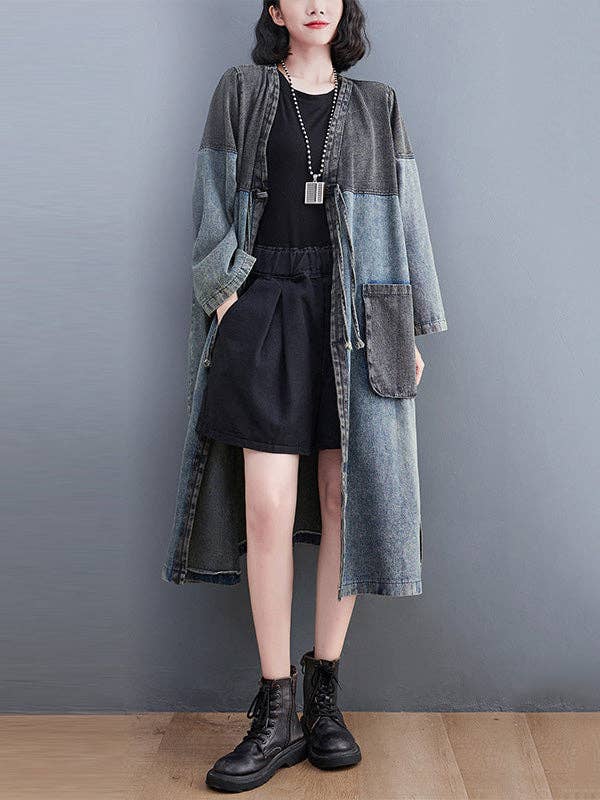 Artistic Retro Denim Long Sleeves Loose Tied Split-Joint Trench Outerwear: BLUE / L