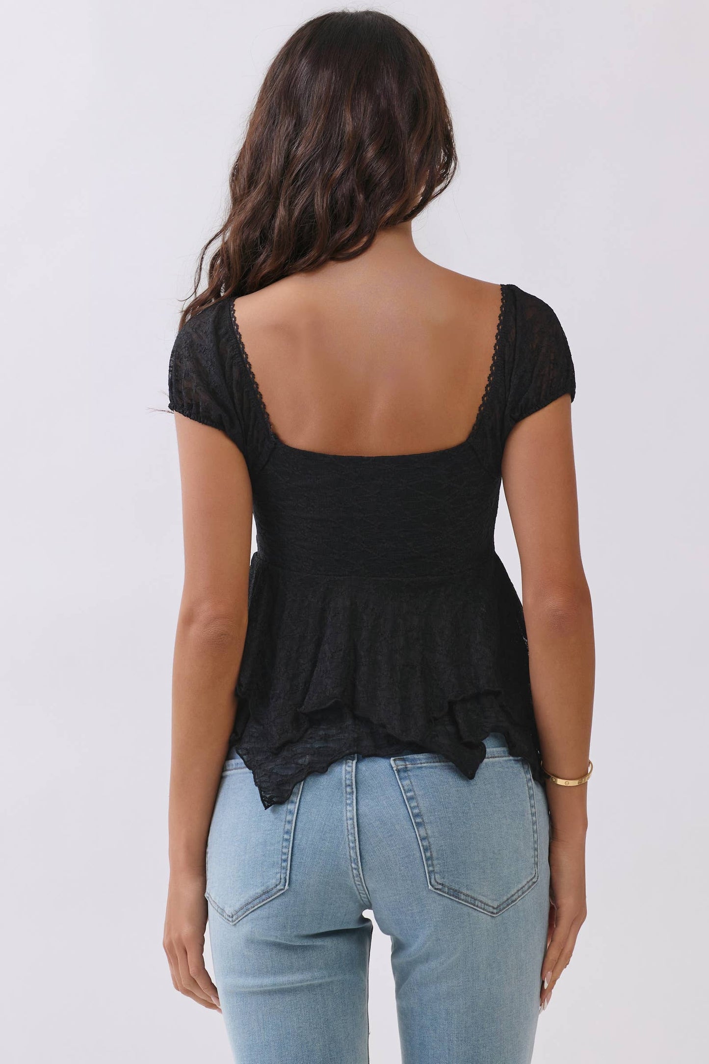LT56897 - LACE FRONT W/RIBBON TIE PUFF SHORT SLV TOP: HALOGEN BLUE / S-M-L/2-2-2