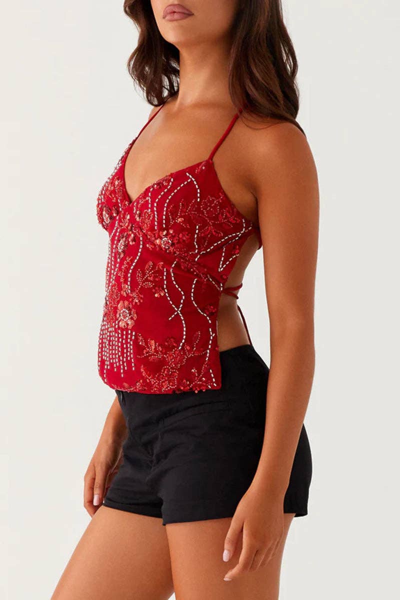 Floral Sequin Strappy Cami Top: LIGHT GREEN / L
