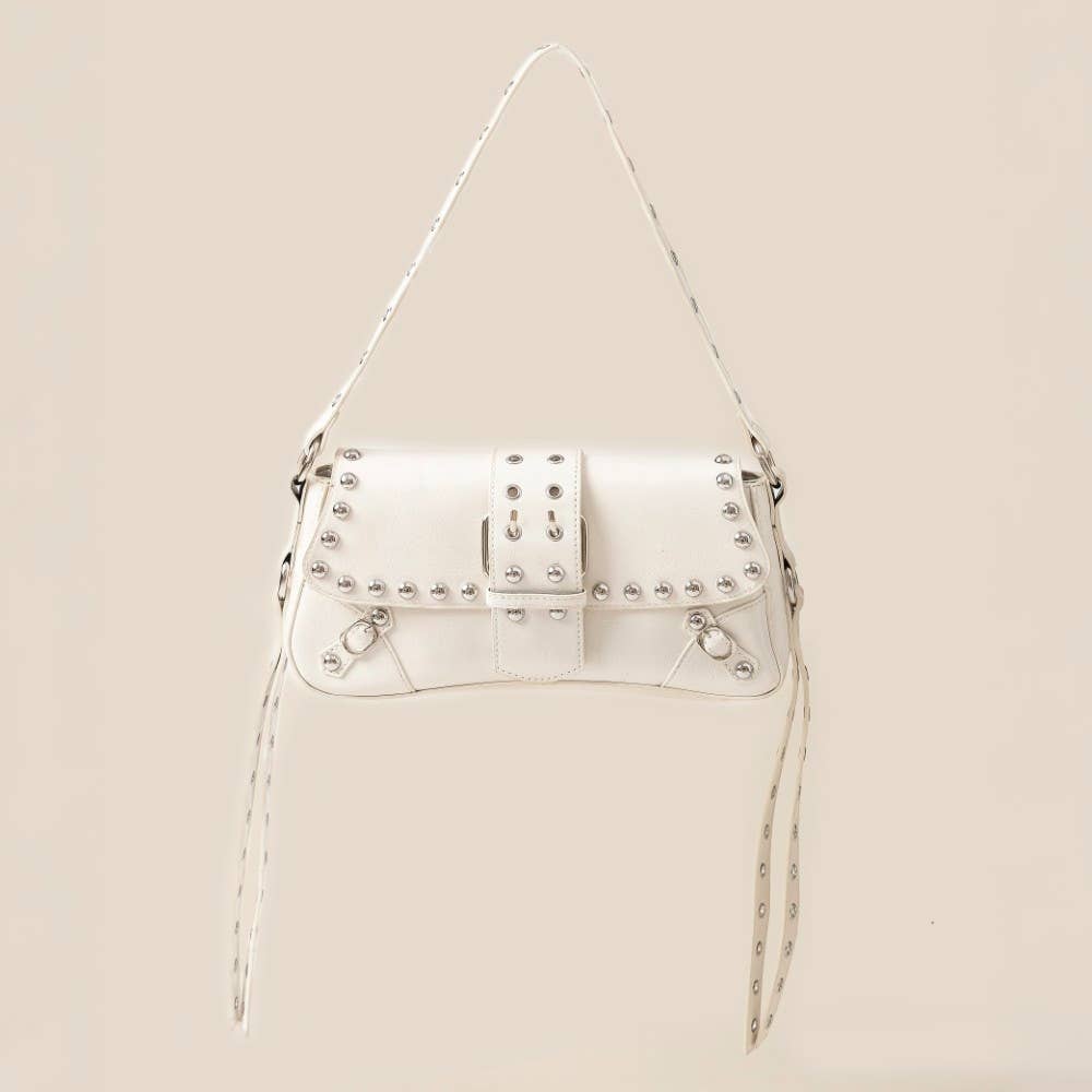 Glossy Leather Rivet Trim Shoulder Bag: IV