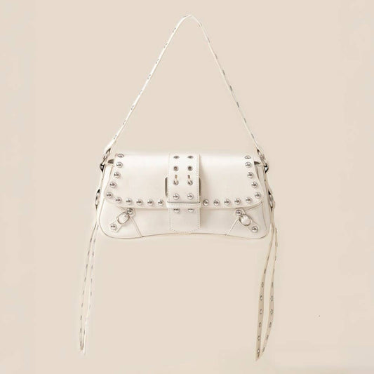 Glossy Leather Rivet Trim Shoulder Bag: IV