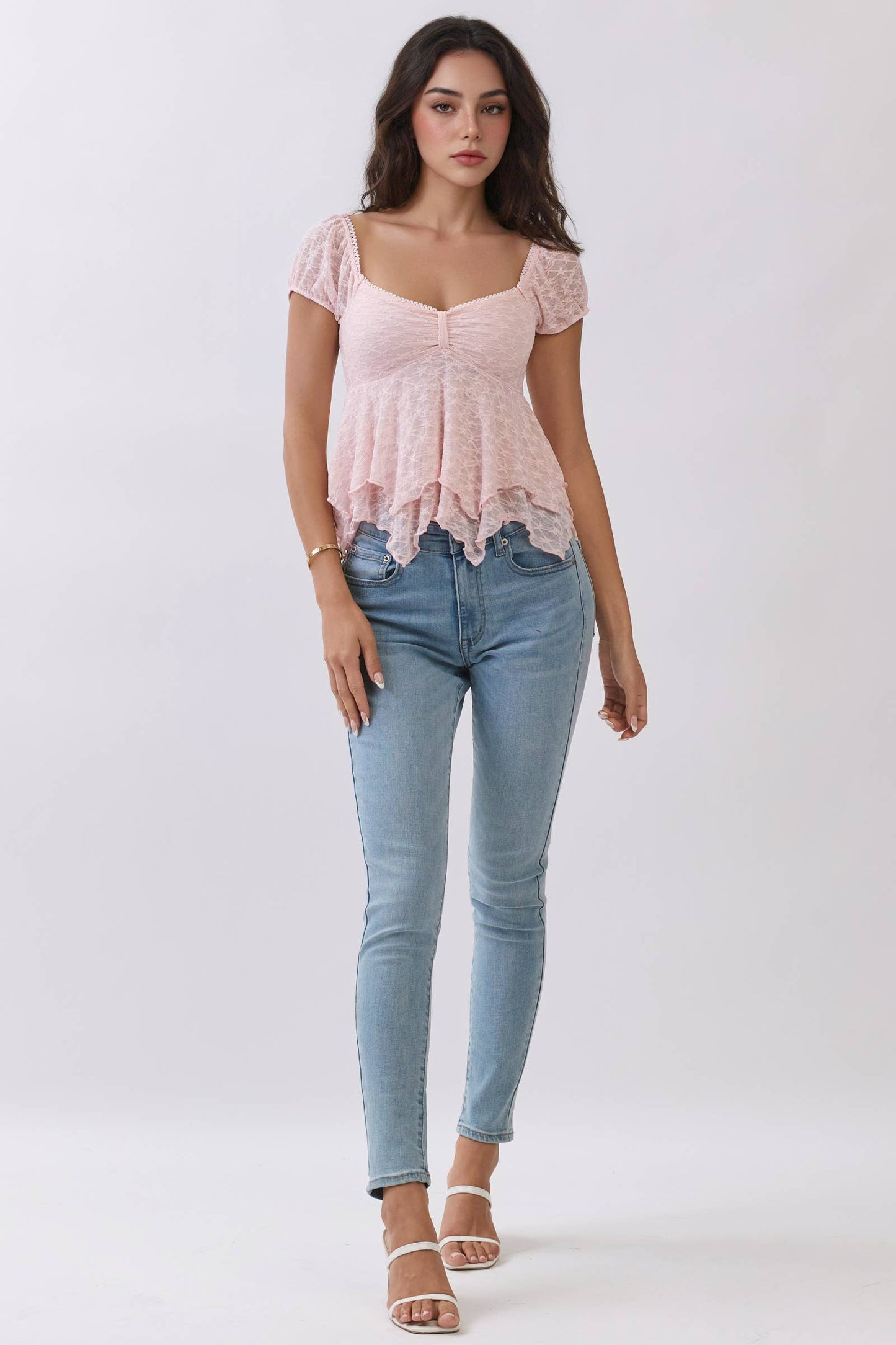 LT56897 - LACE FRONT W/RIBBON TIE PUFF SHORT SLV TOP: HALOGEN BLUE / S-M-L/2-2-2