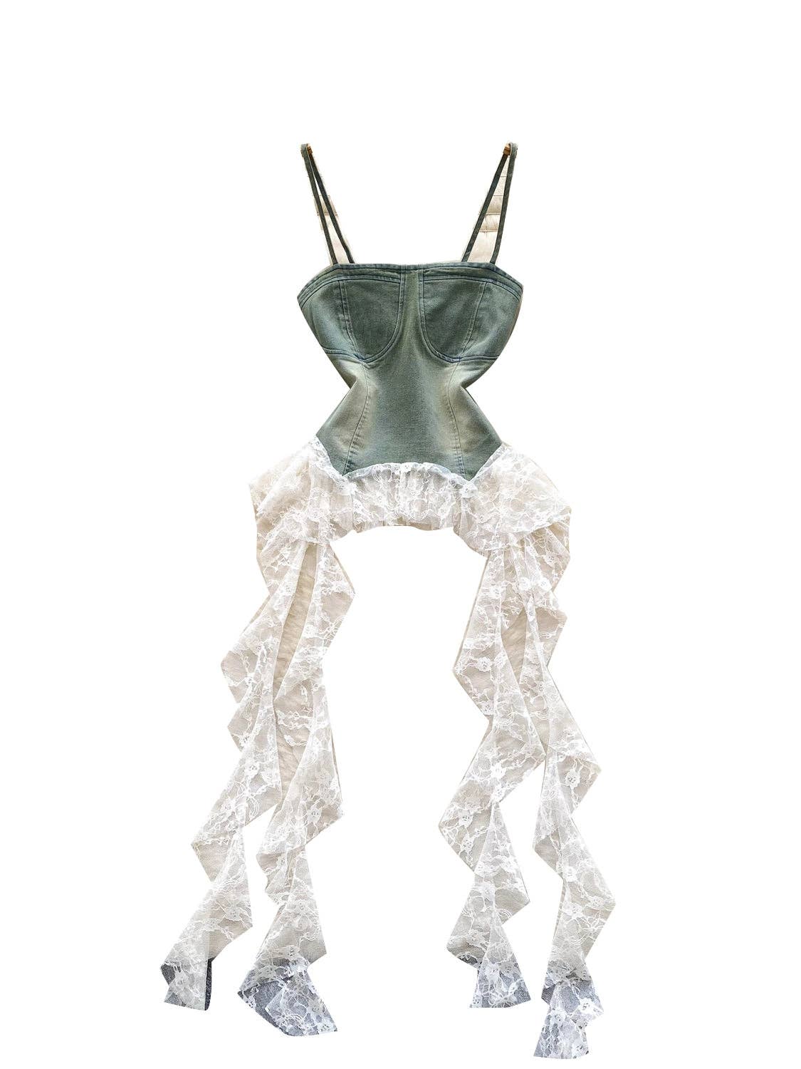 Chic Lace-Trimmed Denim Tank Top for Women: Green / One Size