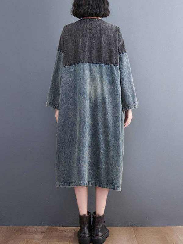 Artistic Retro Denim Long Sleeves Loose Tied Split-Joint Trench Outerwear: BLUE / L