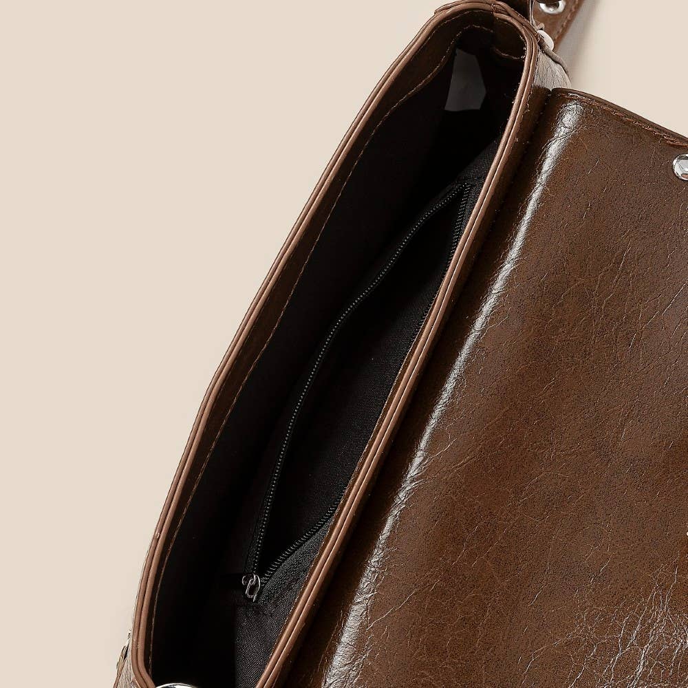 Glossy Leather Rivet Trim Shoulder Bag: IV