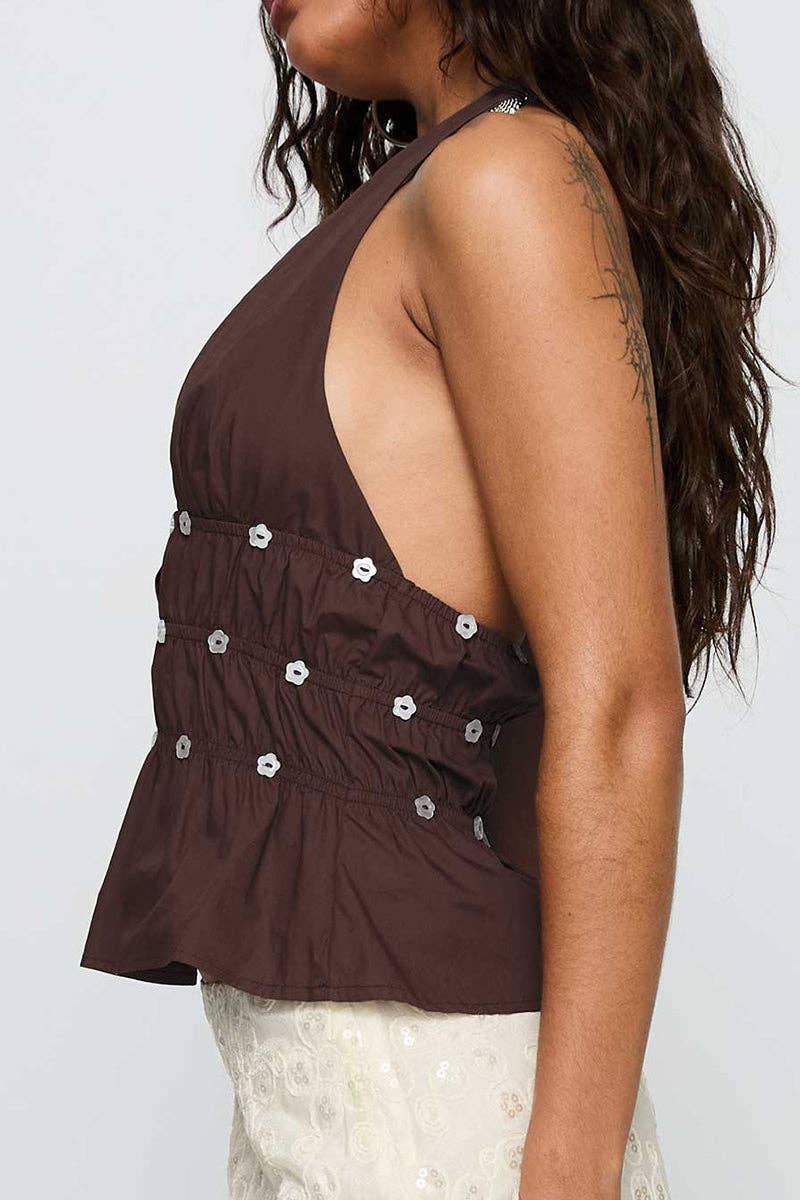 Embellished V-Neck Halter Peplum Top: BROWN / M