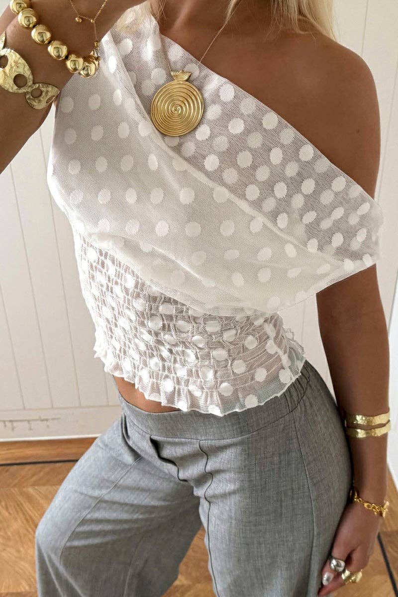 Asymmetric Polka Dot Smocked Tank: WHITE / M