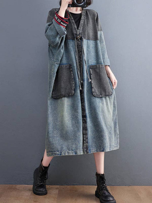 Artistic Retro Denim Long Sleeves Loose Tied Split-Joint Trench Outerwear: BLUE / M