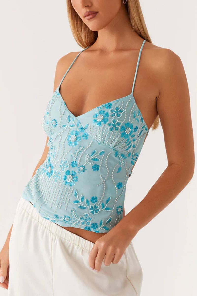 Floral Sequin Strappy Cami Top: LIGHT GREEN / L