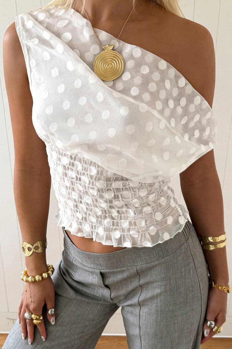 Asymmetric Polka Dot Smocked Tank: WHITE / L