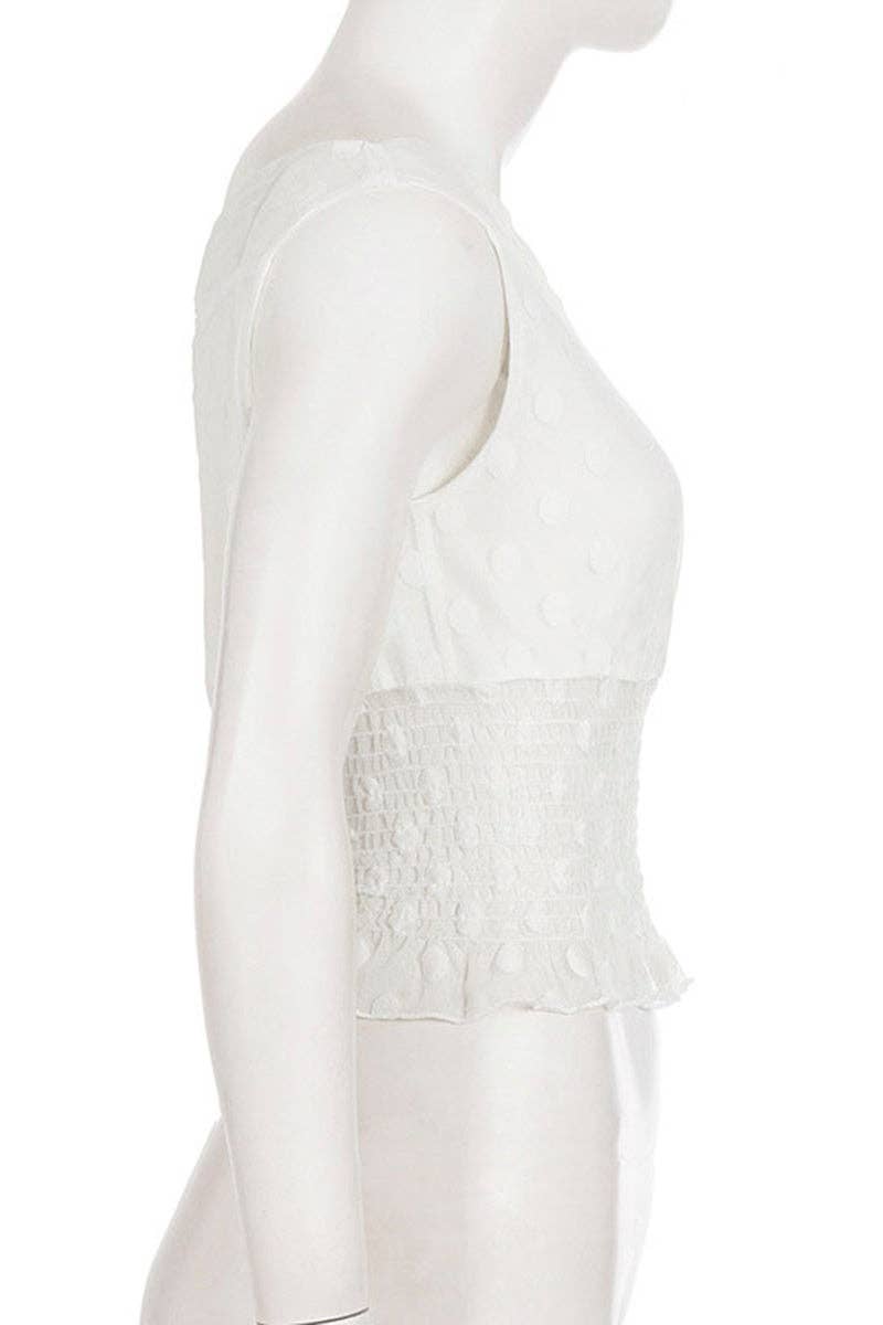 Asymmetric Polka Dot Smocked Tank: WHITE / M