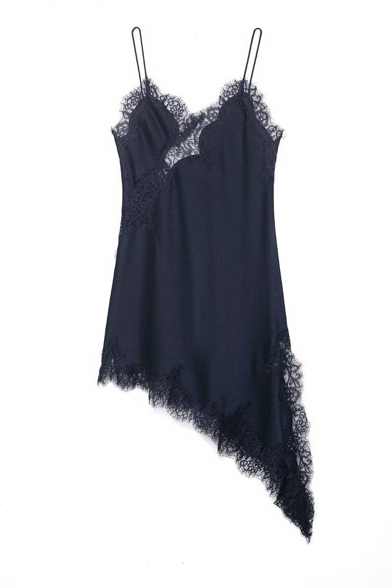 Asymmetrical Hem Lace Trim Slip Dress: COFFEE / M