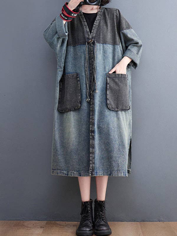 Artistic Retro Denim Long Sleeves Loose Tied Split-Joint Trench Outerwear: BLUE / M