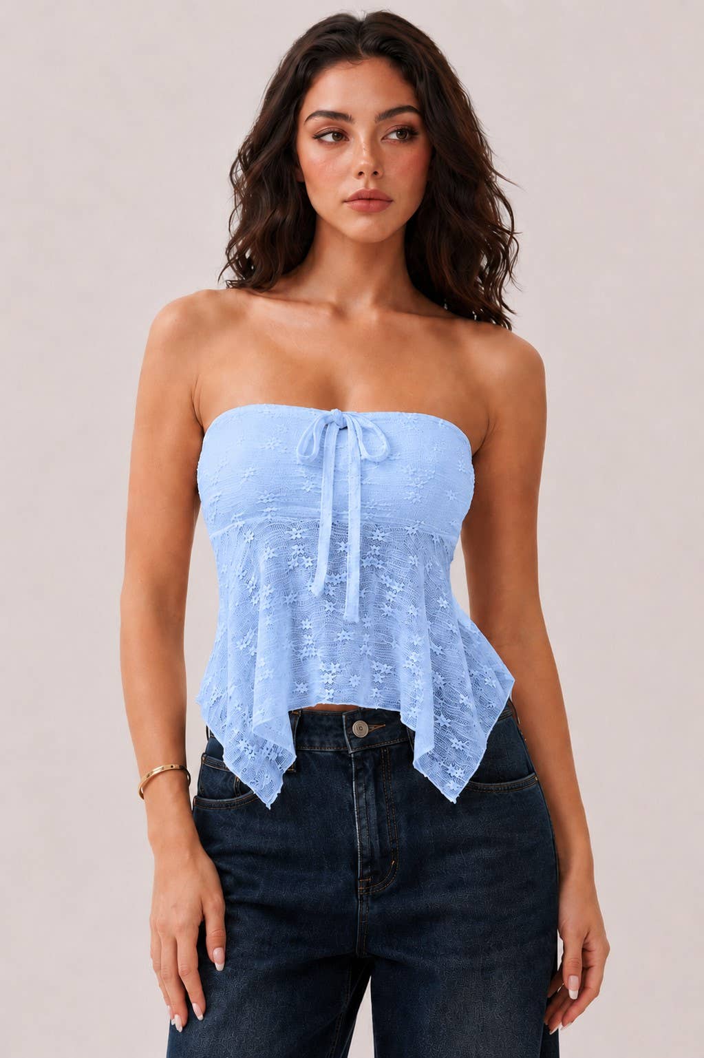 LU56023 - STRAPLESS TUBE FLY-AWAY LACE TOP: CHALK PINK / S-M-L/2-2-2