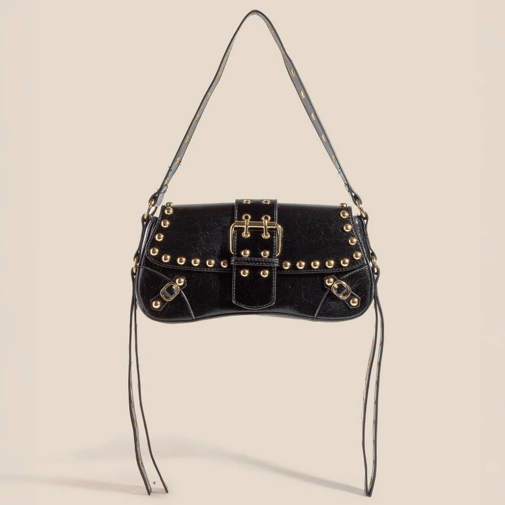 Glossy Leather Rivet Trim Shoulder Bag: GBK