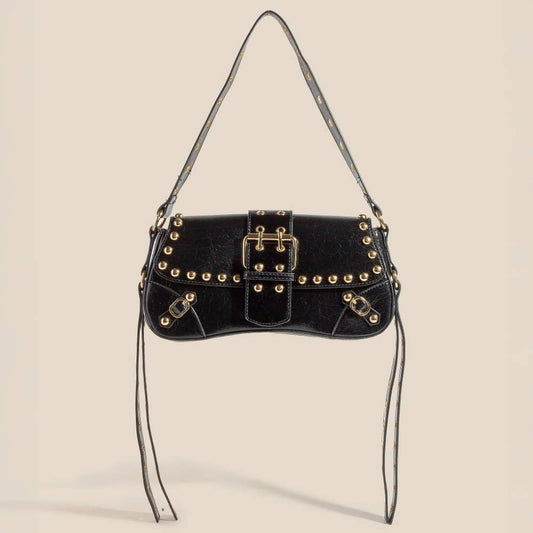 Glossy Leather Rivet Trim Shoulder Bag: GBK