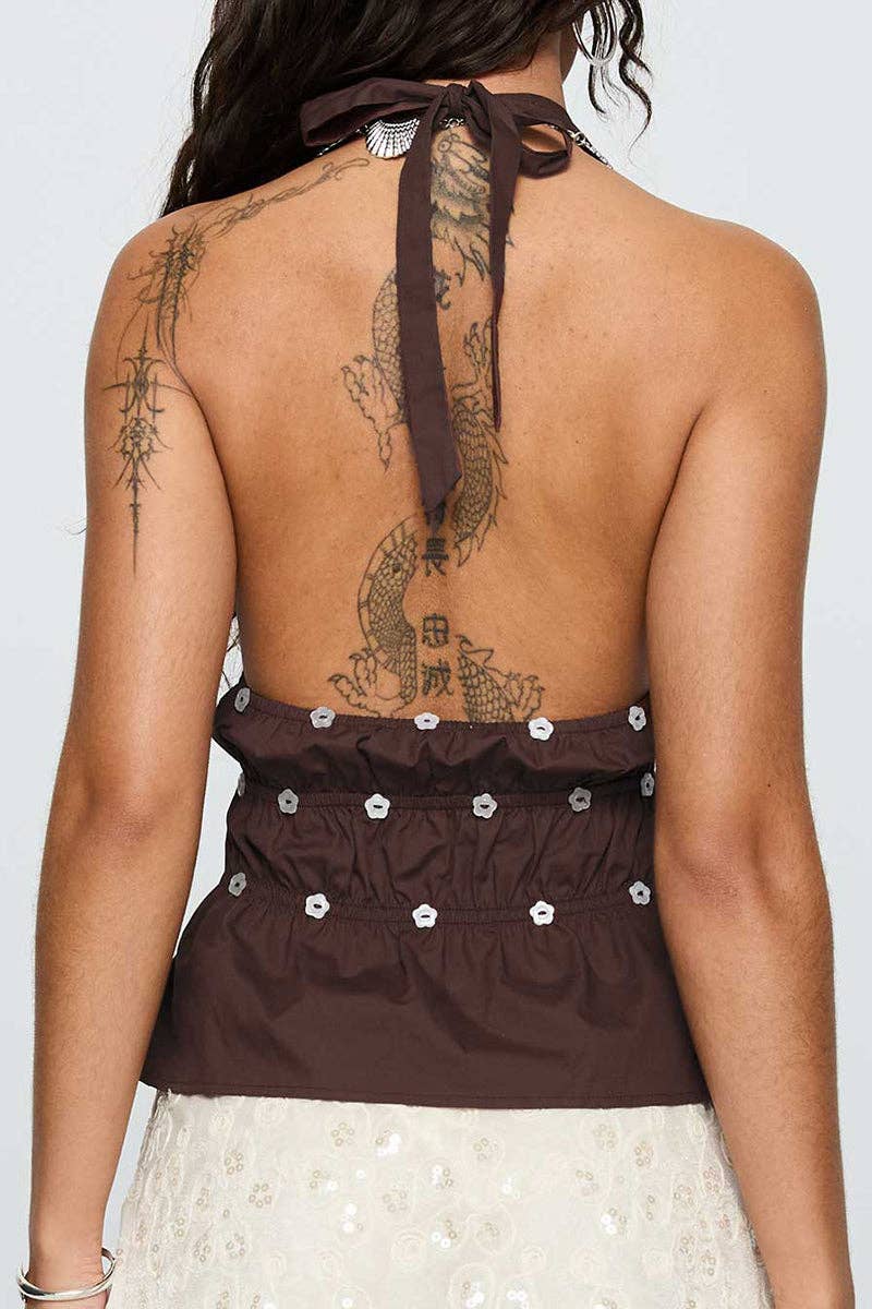 Embellished V-Neck Halter Peplum Top: BROWN / M