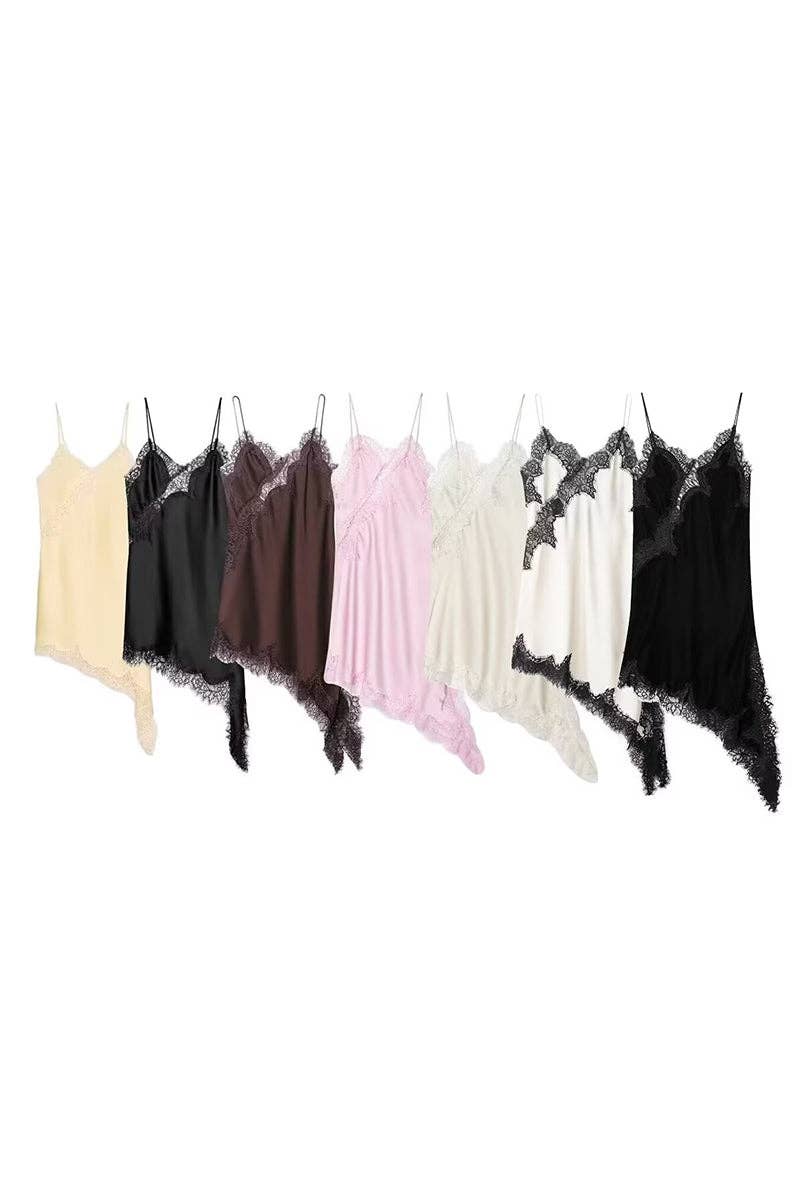 Asymmetrical Hem Lace Trim Slip Dress: KHAKI / L