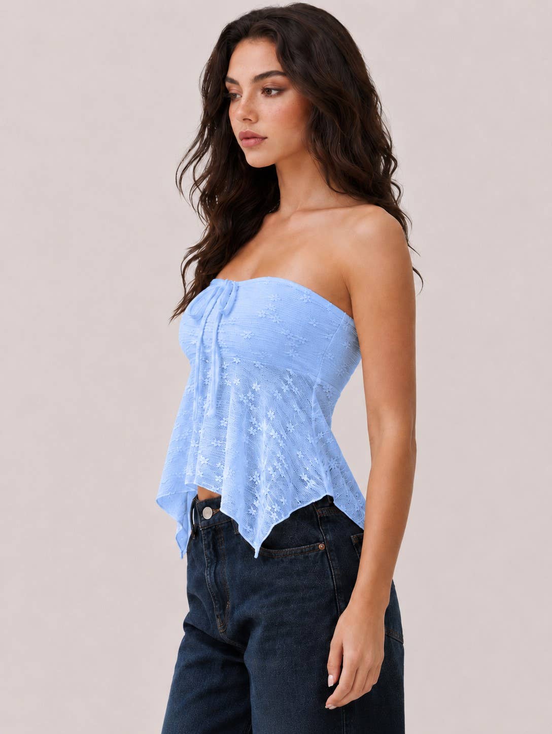 LU56023 - STRAPLESS TUBE FLY-AWAY LACE TOP: CHALK PINK / S-M-L/2-2-2