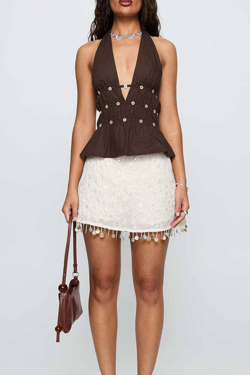 Embellished V-Neck Halter Peplum Top: BROWN / M