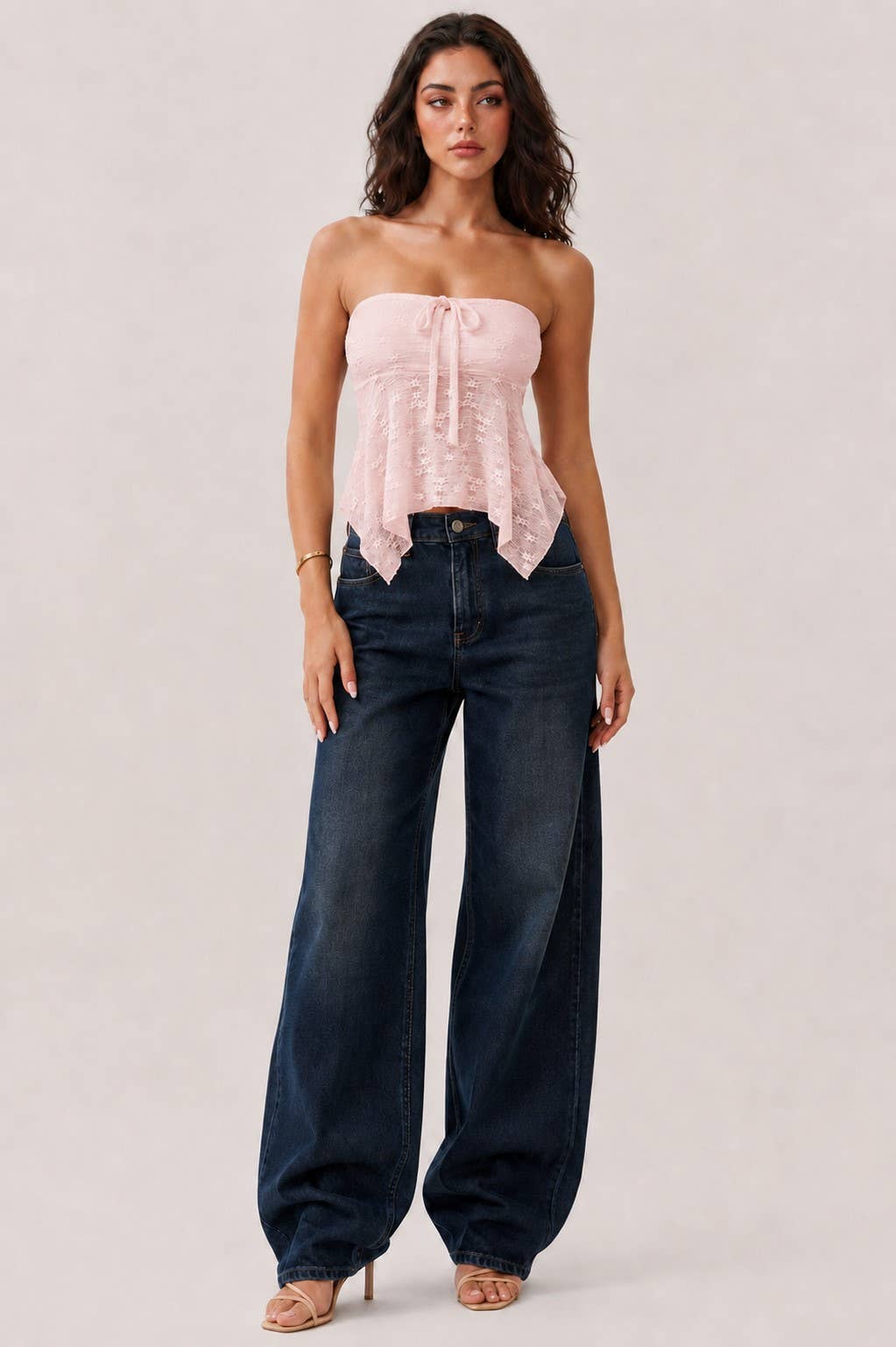 LU56023 - STRAPLESS TUBE FLY-AWAY LACE TOP: CHALK PINK / S-M-L/2-2-2