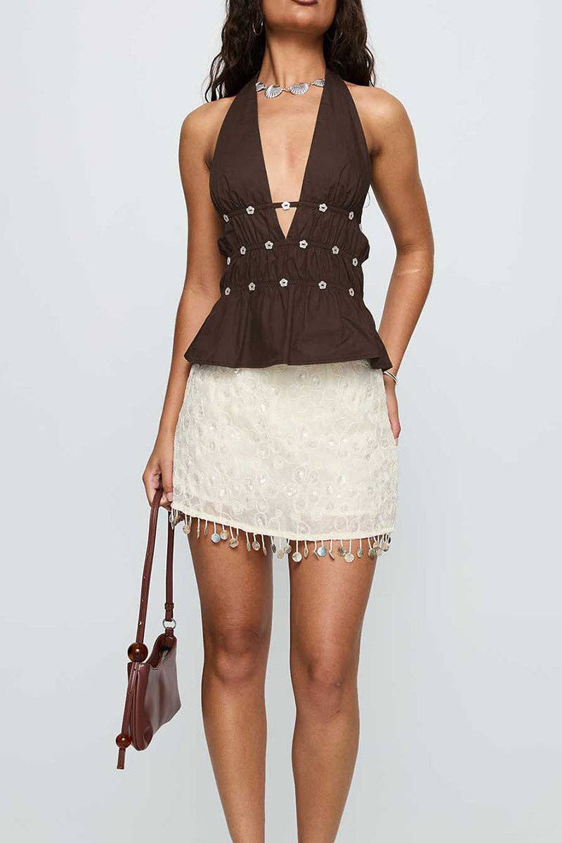 Embellished V-Neck Halter Peplum Top: BROWN / L