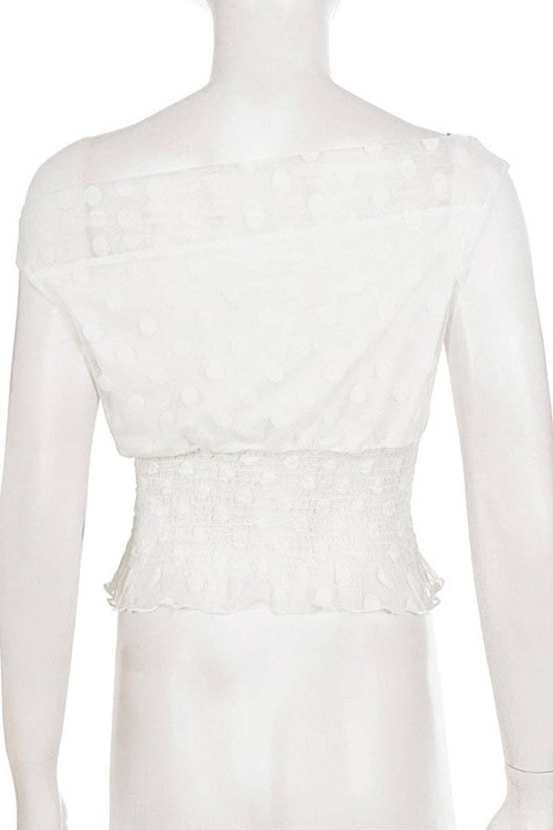 Asymmetric Polka Dot Smocked Tank: WHITE / L