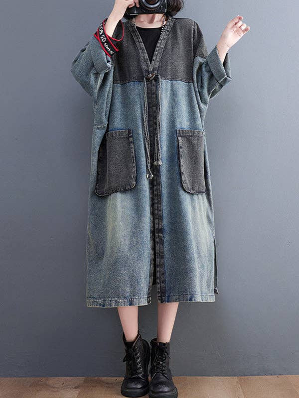 Artistic Retro Denim Long Sleeves Loose Tied Split-Joint Trench Outerwear: BLUE / M