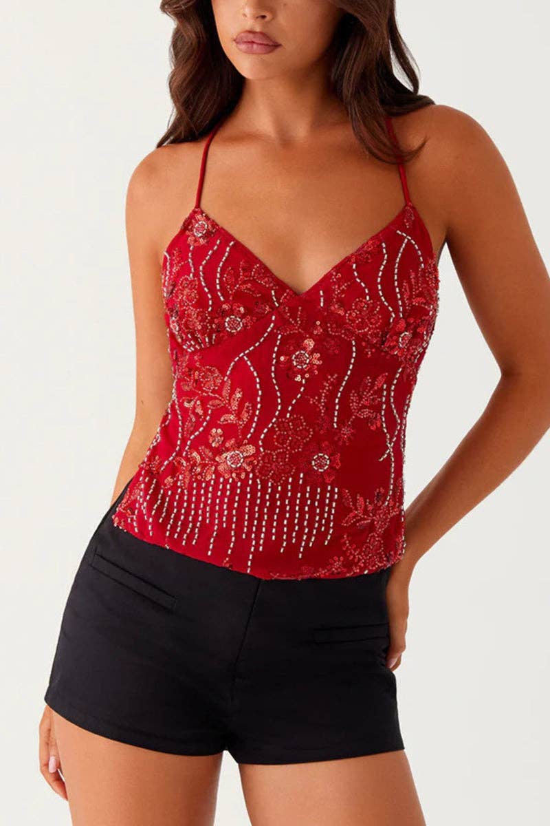 Floral Sequin Strappy Cami Top: LIGHT GREEN / M