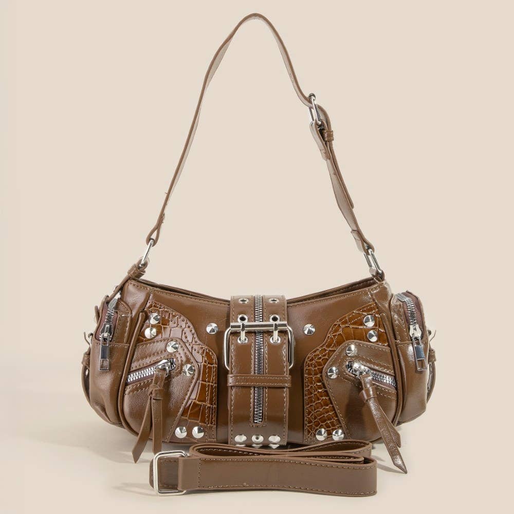 Rivet Detail Leather Shoulder Bag: SKA