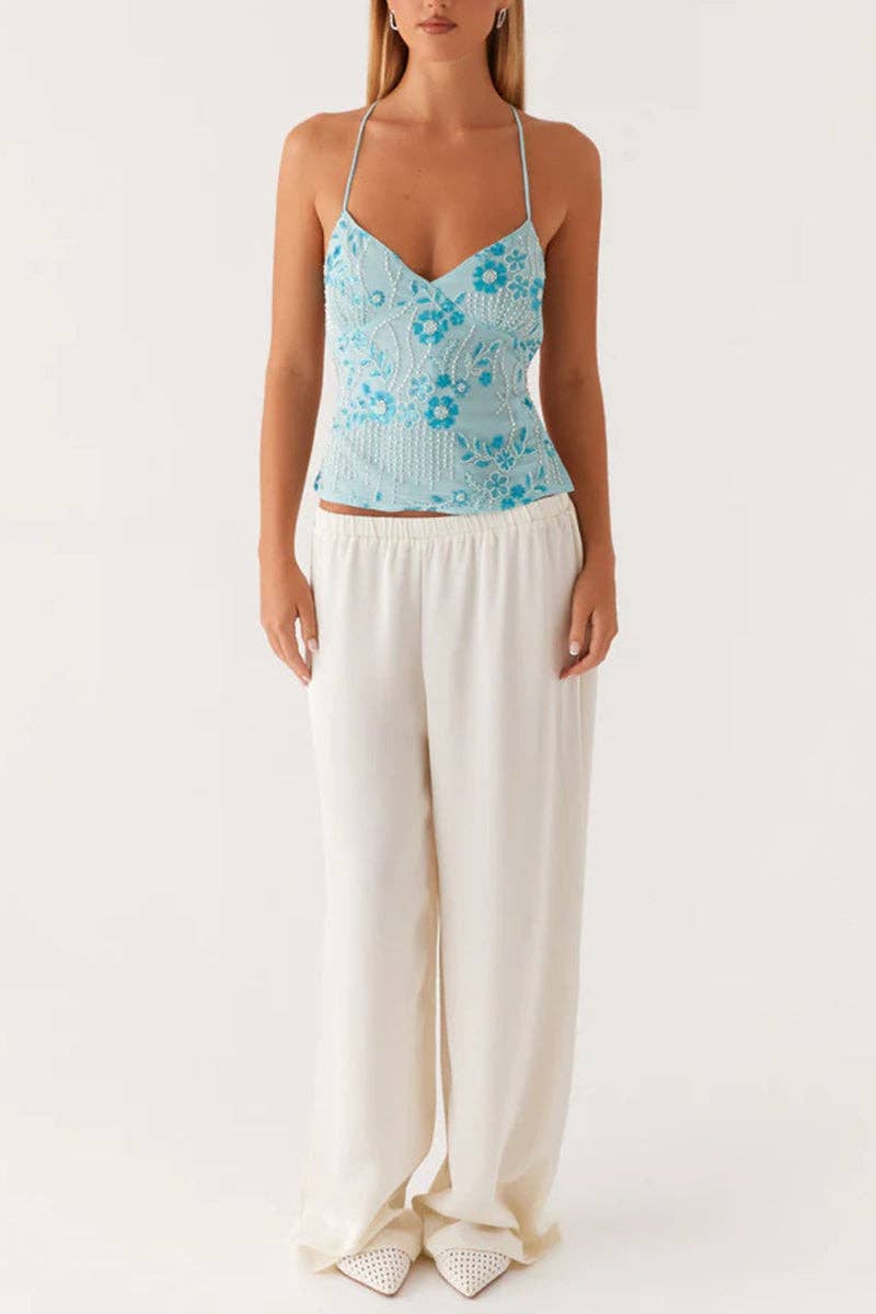 Floral Sequin Strappy Cami Top: LIGHT GREEN / M