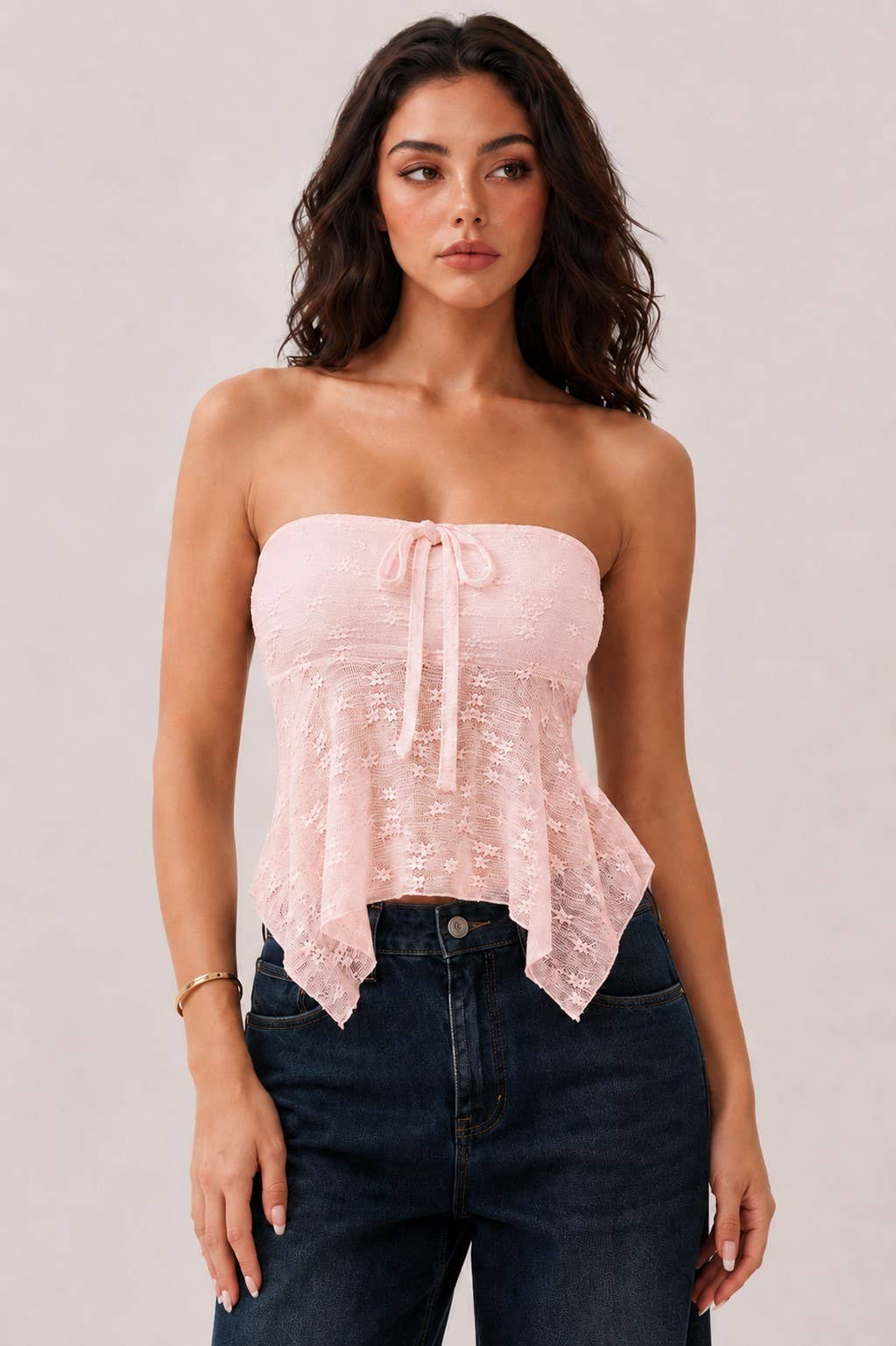 LU56023 - STRAPLESS TUBE FLY-AWAY LACE TOP: CHALK PINK / S-M-L/2-2-2