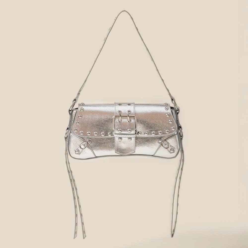 Glossy Leather Rivet Trim Shoulder Bag: GBK