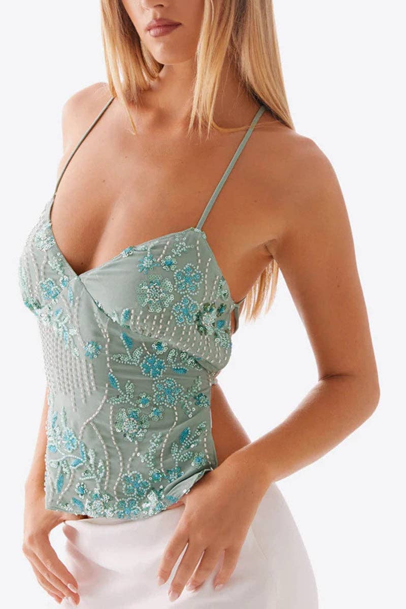 Floral Sequin Strappy Cami Top: LIGHT GREEN / L