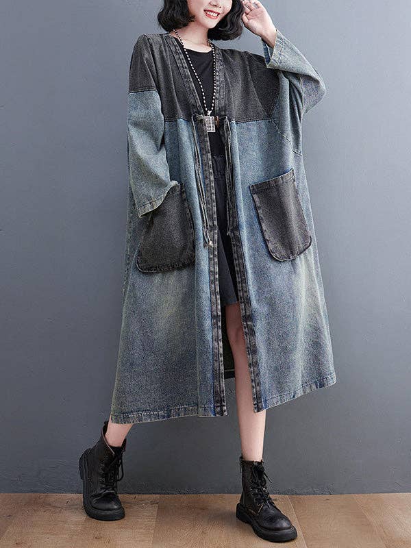 Artistic Retro Denim Long Sleeves Loose Tied Split-Joint Trench Outerwear: BLUE / M