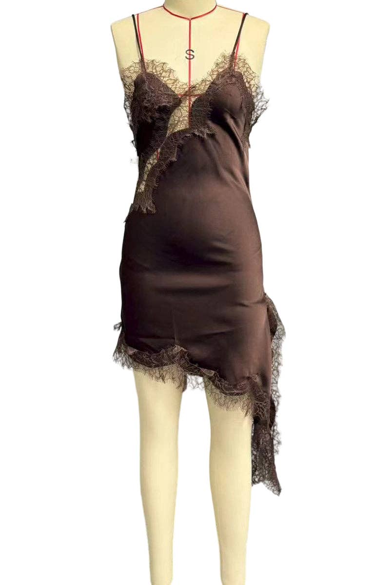 Asymmetrical Hem Lace Trim Slip Dress: COFFEE / M