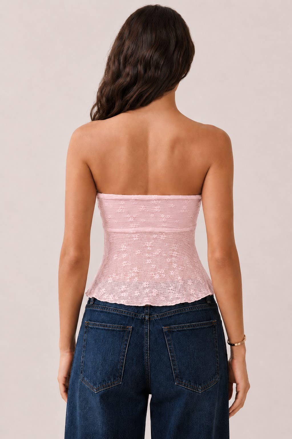 LU56023 - STRAPLESS TUBE FLY-AWAY LACE TOP: CHALK PINK / S-M-L/2-2-2