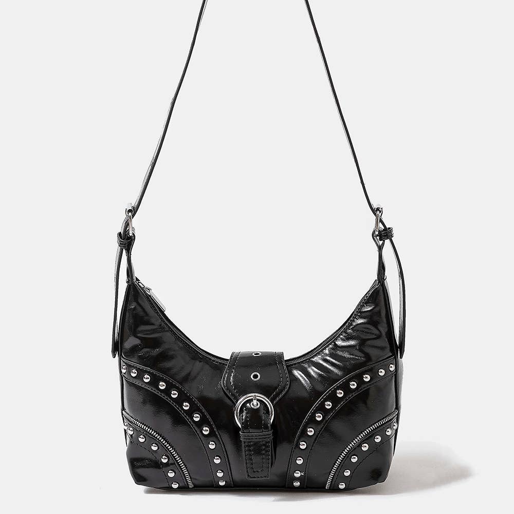 Leather Studded Trim Shoulder Bag: BK