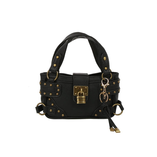 Studded Lock Front Mini Top Handle Bag: Black