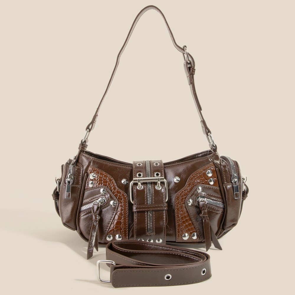 Rivet Detail Leather Shoulder Bag: SDBR