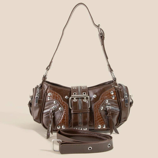 Rivet Detail Leather Shoulder Bag: SDBR