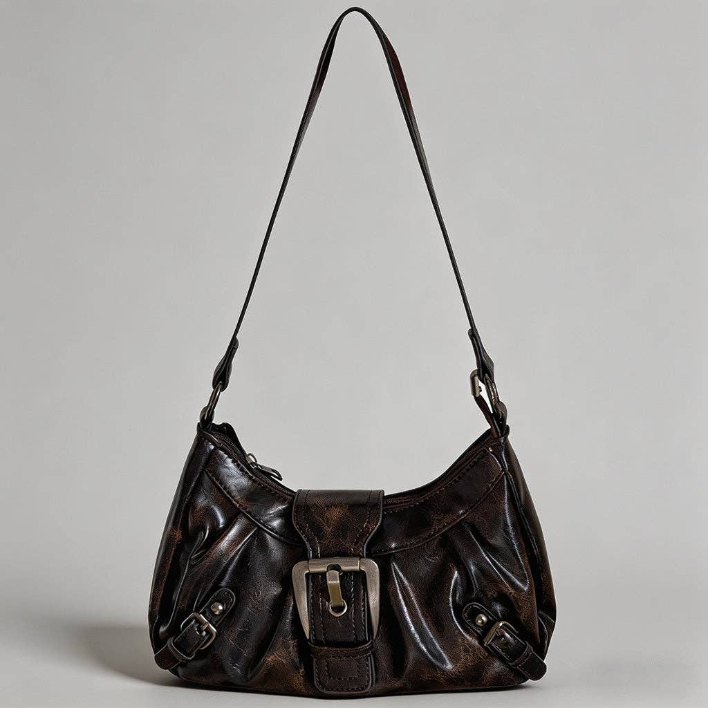 Vintage Washed Leather Hobo Shoulder Bag: Burgundy / One Size