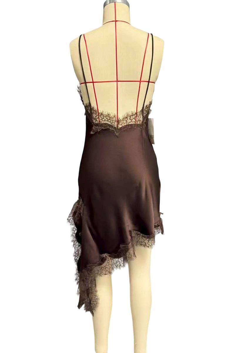 Asymmetrical Hem Lace Trim Slip Dress: COFFEE / L