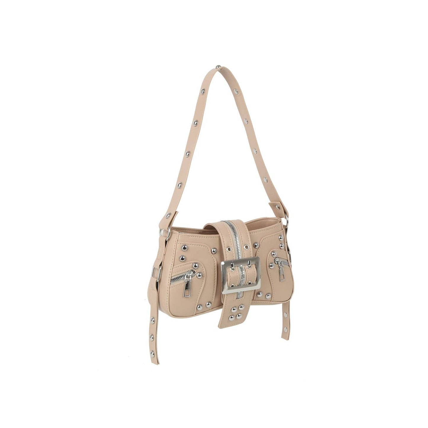 Studded Buckle Mini Shoulder Bag with Zip Pockets: Red