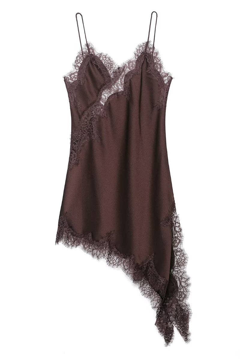 Asymmetrical Hem Lace Trim Slip Dress: KHAKI / M