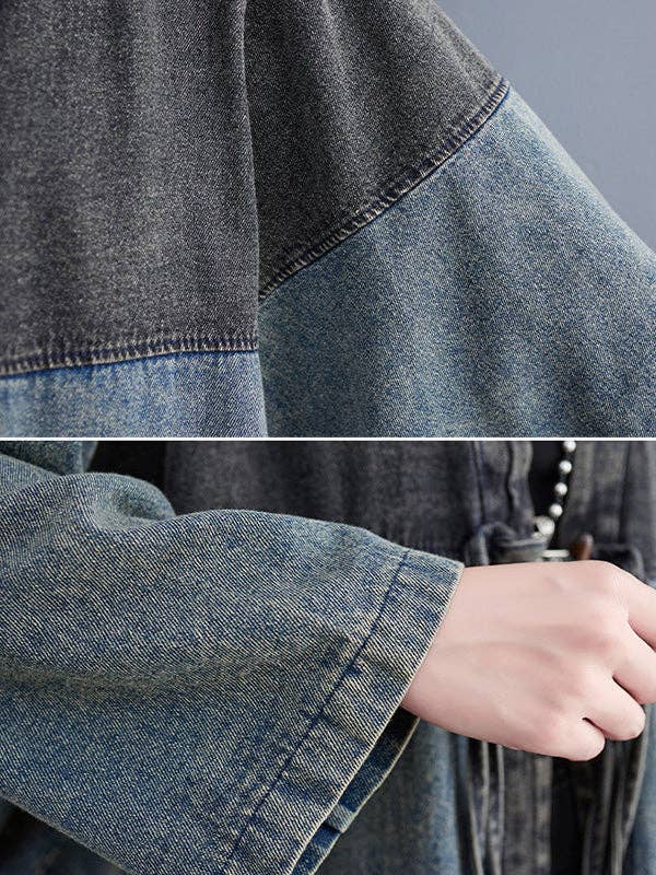 Artistic Retro Denim Long Sleeves Loose Tied Split-Joint Trench Outerwear: BLUE / M