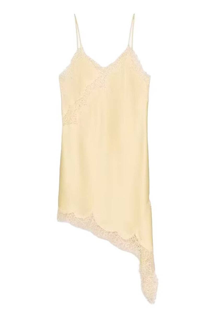 Asymmetrical Hem Lace Trim Slip Dress: KHAKI / M