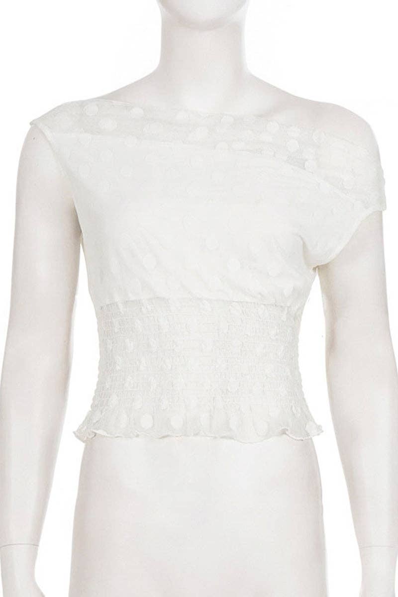 Asymmetric Polka Dot Smocked Tank: WHITE / L